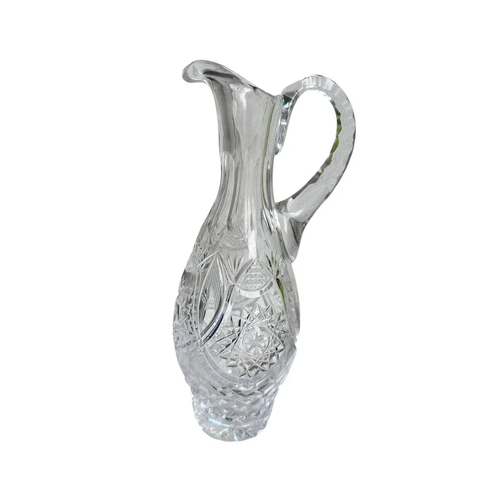 Vintage Cut Crystal Cruet Pitcher, 9.5 Inch Tall, Star & Diamond Geo Patterns